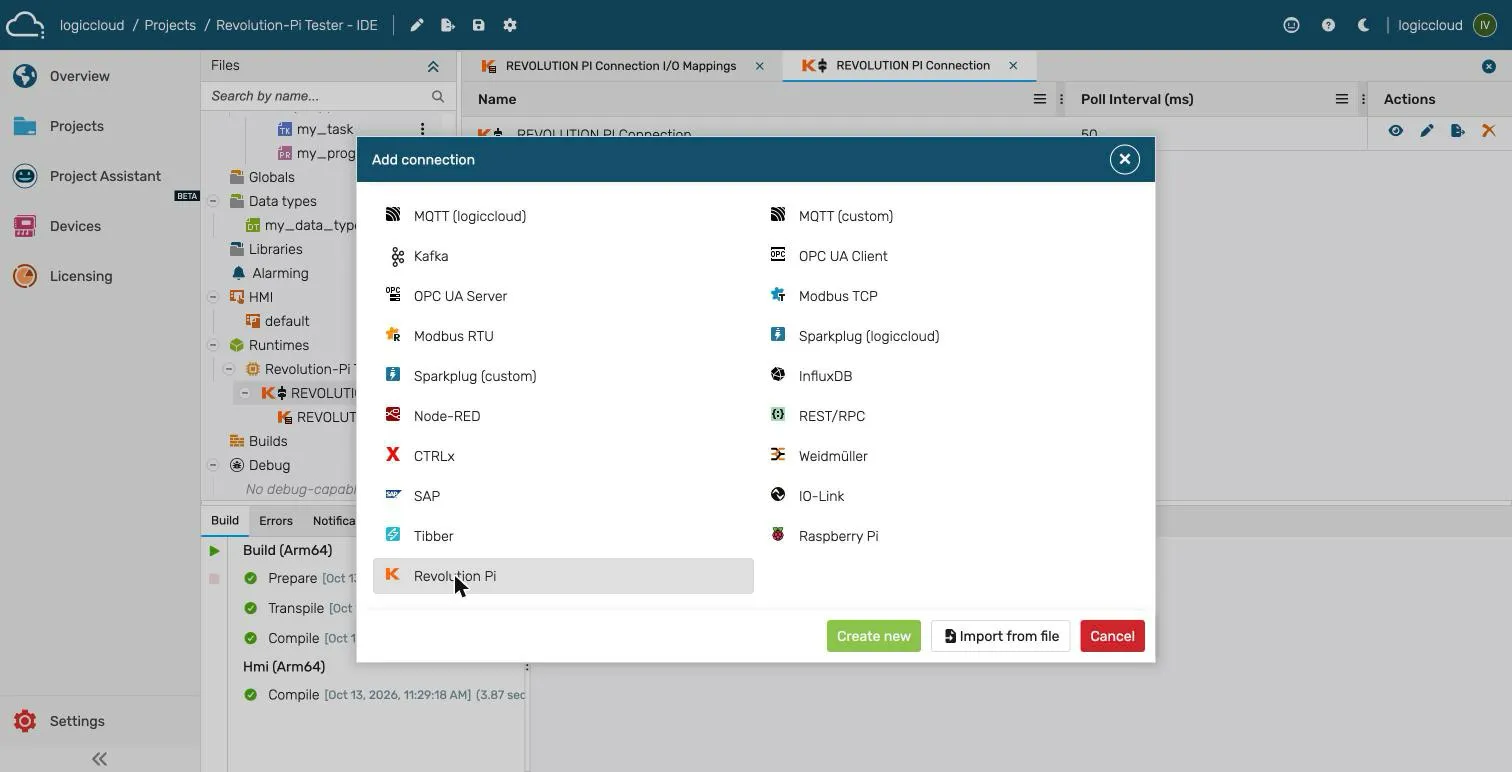 Add connection dialog with Revolution Pi selected