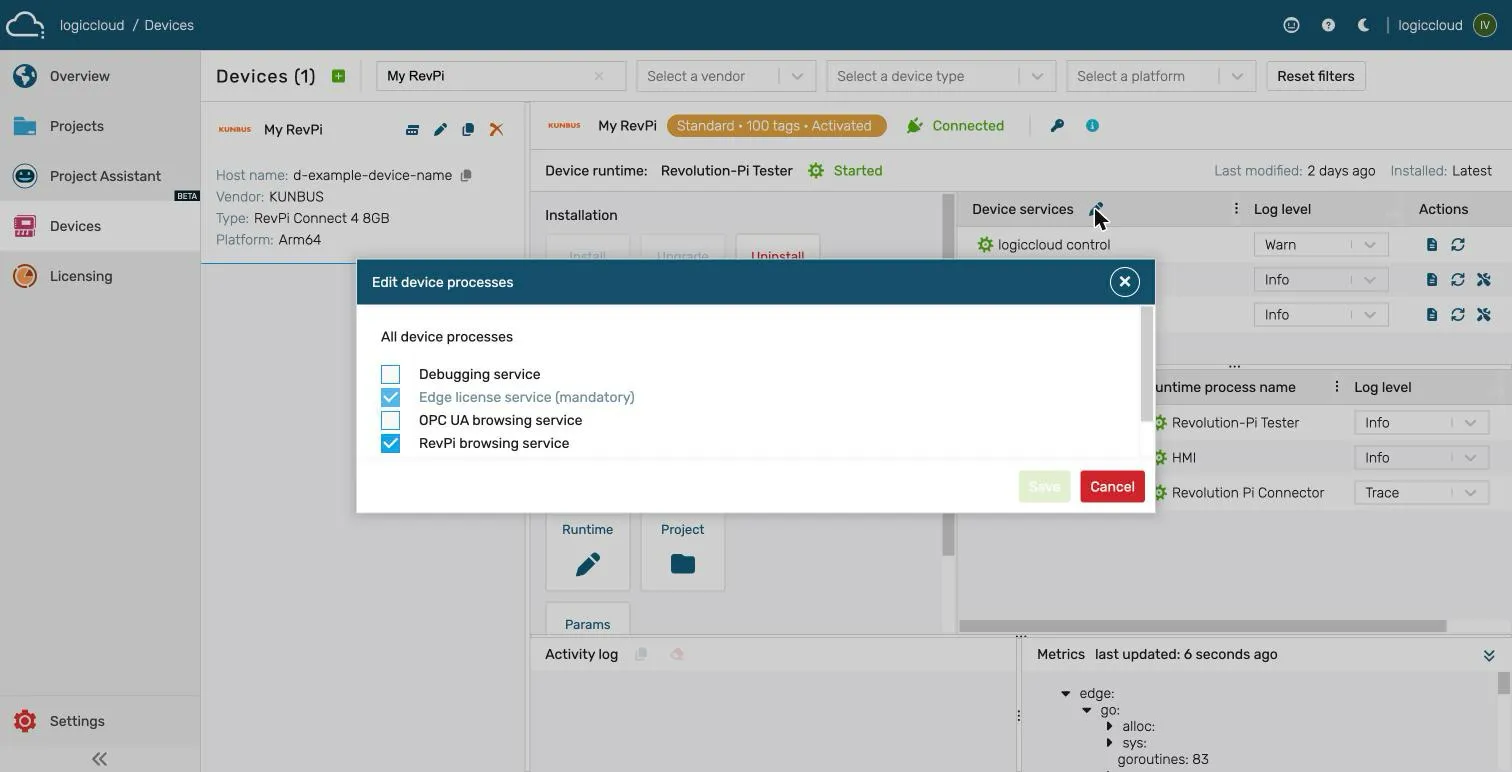 Edit device processes dialog with the RevPi browsing service